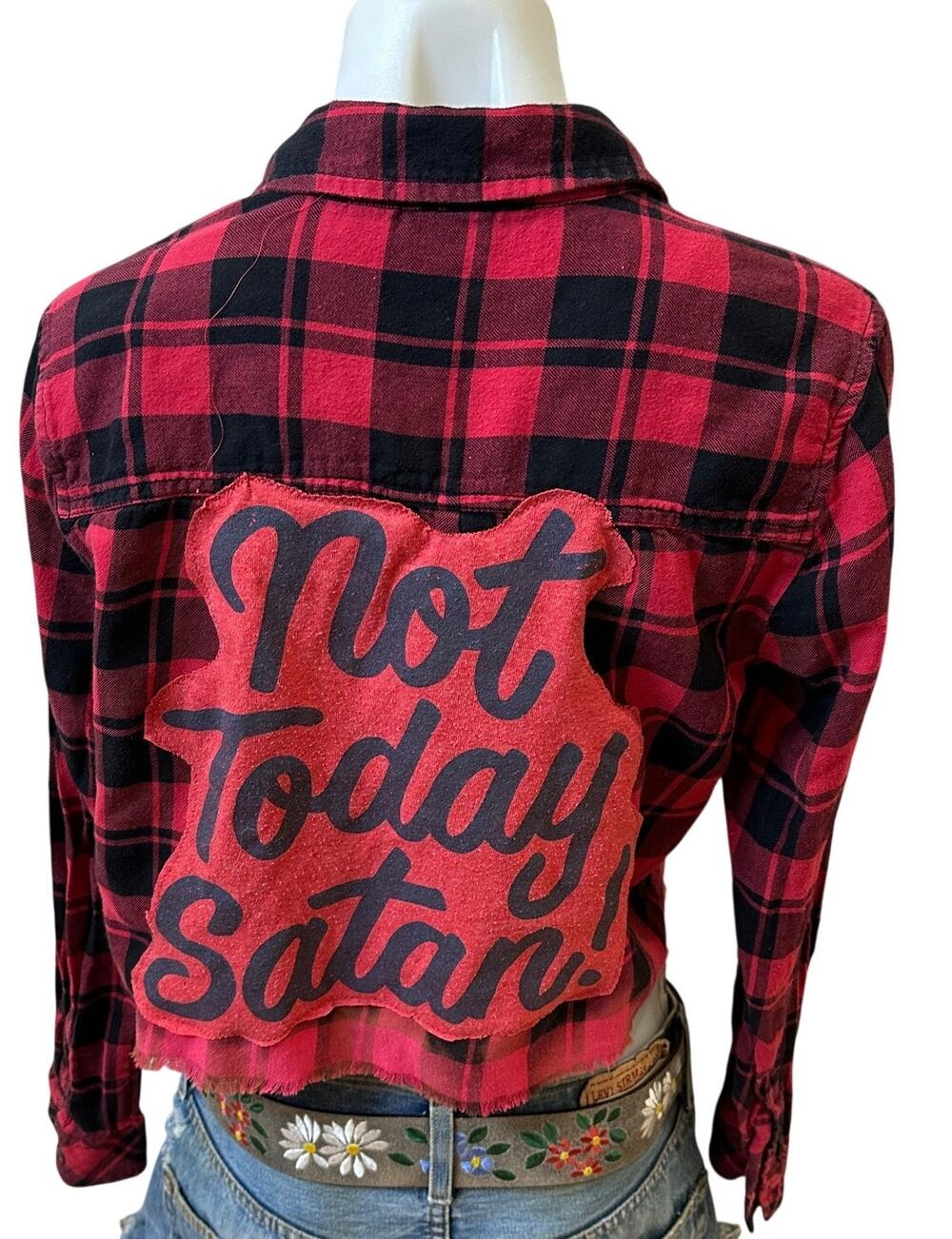 Not Today Satan Plaid Flannel Shirt Crop Top SMALL Oversized Unique Red Shacket